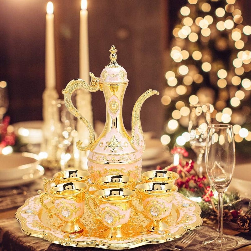 comfrt Turkish Tea Set, Gold Turkish Coffee Pot with Vintage Tea Cups and Tea Tray for Home Bar, Tea Party, Craft Ornaments, Wedding Gift - Image 3