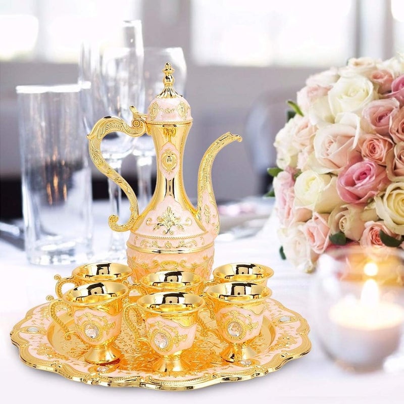 comfrt Turkish Tea Set, Gold Turkish Coffee Pot with Vintage Tea Cups and Tea Tray for Home Bar, Tea Party, Craft Ornaments, Wedding Gift - Image 4