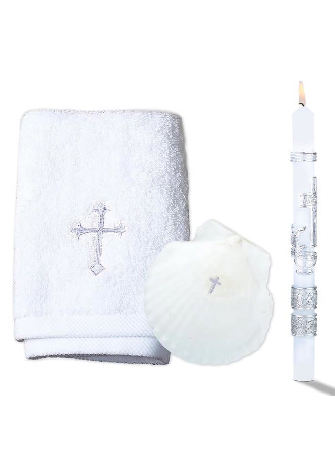 Ohmique Baptism Candle Set for Boys and Girls - Baptism Kit Include Towel, Shell and Baptismal Candle, Velas para bautizo Christening Set Velas para bautizo de niño for Infants Kids - Image 1