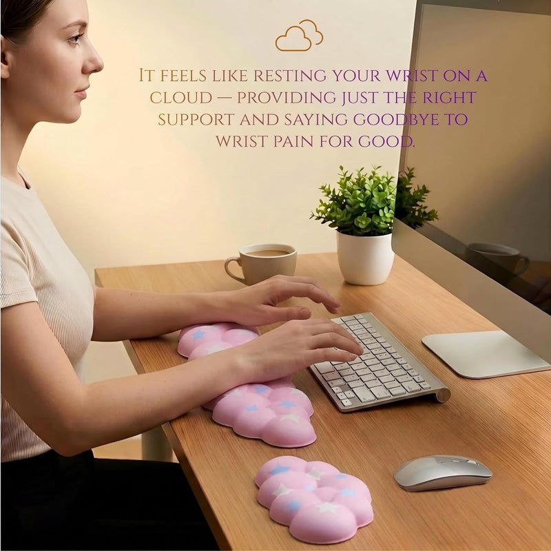 LJYZMD Cloud Wrist Rest Set for Keyboard and Mouse, Includes Cute Coaster, with Computers and Laptops (Pink Colorful Star Set) - Image 2