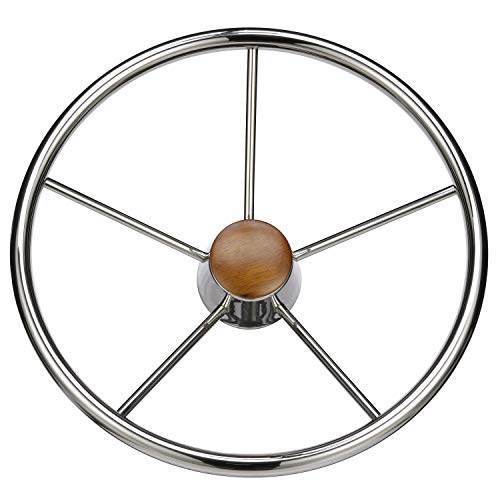 SEACHOICE 5-Spoke Destroyer Steering Wheel, Stainless Steel, Genuine Teak Center Cap - Image 3