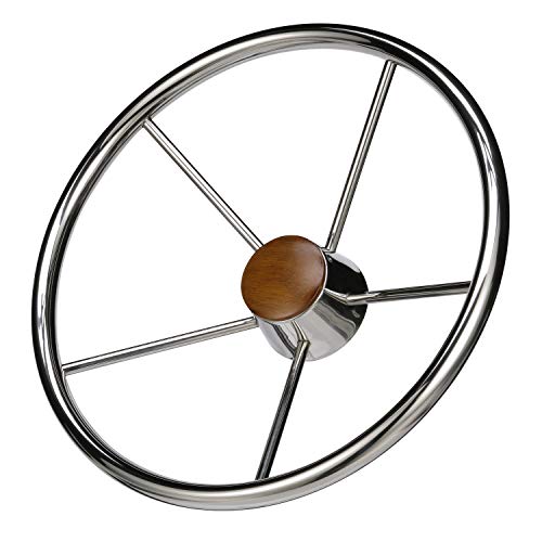 SEACHOICE 5-Spoke Destroyer Steering Wheel, Stainless Steel, Genuine Teak Center Cap - Image 2