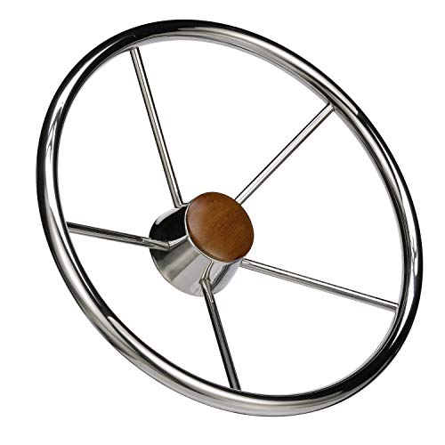 SEACHOICE 5-Spoke Destroyer Steering Wheel, Stainless Steel, Genuine Teak Center Cap - Image 1