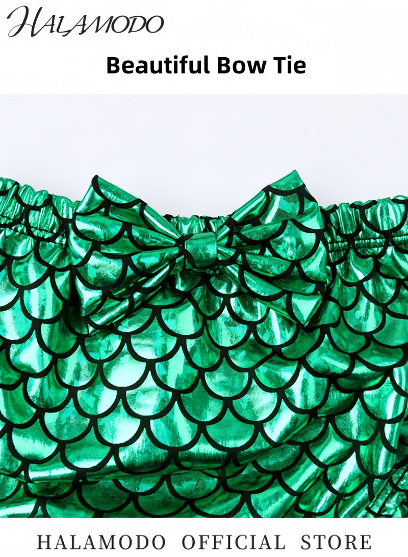 HALAMODO 3PCS Kid's Swimsuit Bathing Suits Fish Tail Dress Set of 1pc Crop Top & 1pc Shorts & 1pc skirt Bikini Shiny Mermaid Costume for Sandy Beach - Image 5