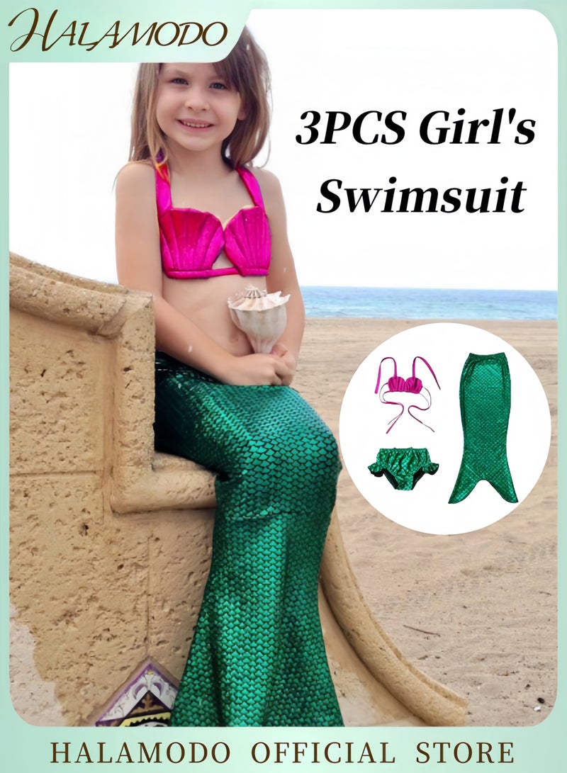 HALAMODO 3PCS Kid's Swimsuit Bathing Suits Fish Tail Dress Set of 1pc Crop Top & 1pc Shorts & 1pc skirt Bikini Shiny Mermaid Costume for Sandy Beach - Image 1