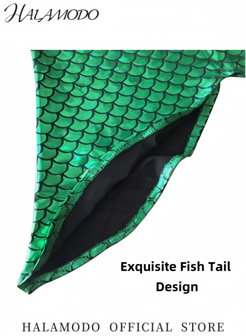 HALAMODO 3PCS Kid's Swimsuit Bathing Suits Fish Tail Dress Set of 1pc Crop Top & 1pc Shorts & 1pc skirt Bikini Shiny Mermaid Costume for Sandy Beach - Image 4