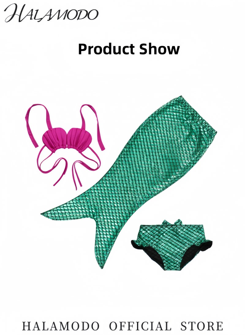 HALAMODO 3PCS Kid's Swimsuit Bathing Suits Fish Tail Dress Set of 1pc Crop Top & 1pc Shorts & 1pc skirt Bikini Shiny Mermaid Costume for Sandy Beach - Image 3