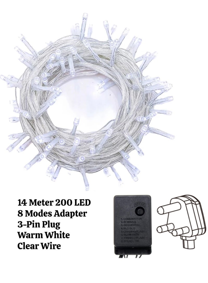 يوويل 14 متر 200 أضواء LED سلسلة أضواء الديكور الضوء الأبيض الدافئ 8 أوضاع LED ضوء سلك واضح لديكورات المنزل أضواء رمضان ديكور داخلي وخارجي رمضان ضوء الديكور أضواء ديوالي أضواء الستار مع قابس المملكة المتحدة 3 دبوس - Image 2