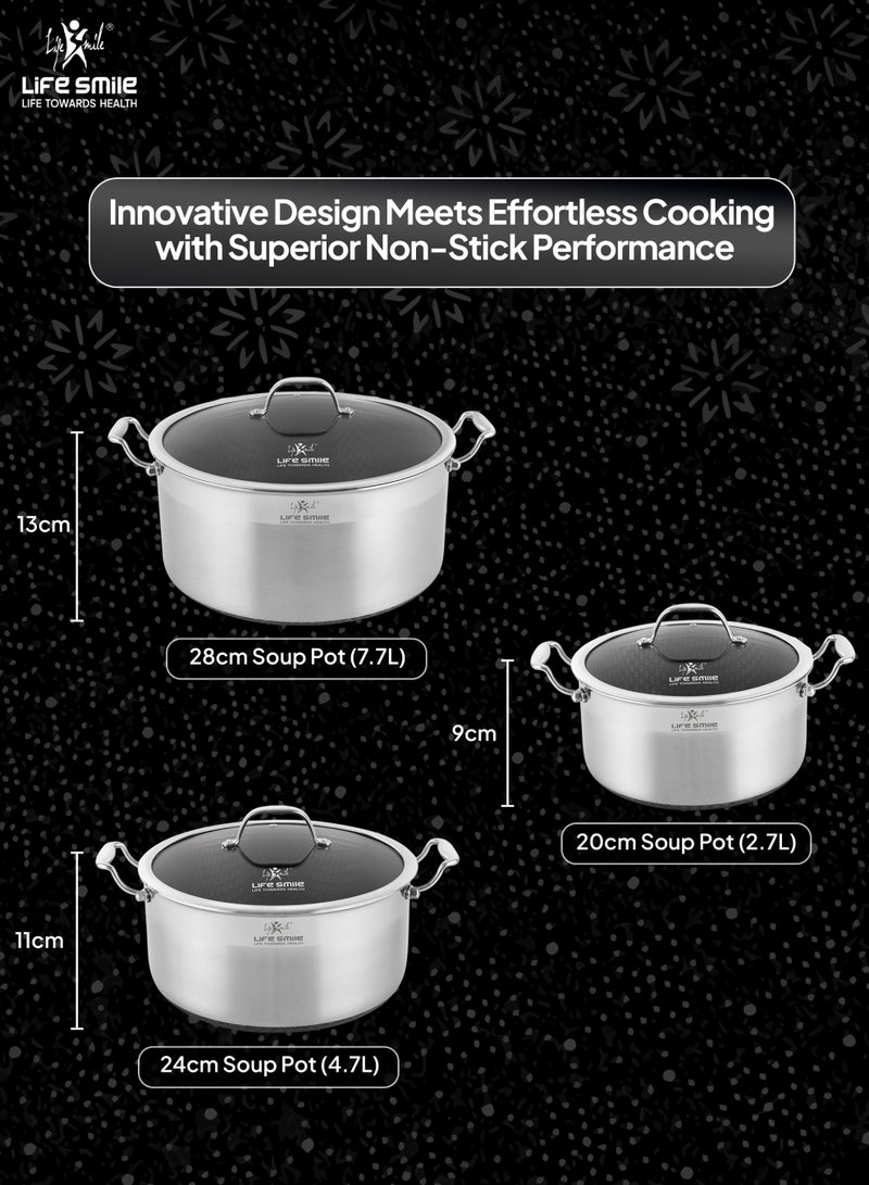 Life Smile طقم أواني الطهي الفولاذية المقاوم للصدأ الهجين من لايف سمايل – 6 قطع | نمط متداخل غير لاصق | متوافق مع الحث | داخلية من الفولاذ المقاوم للصدأ 304 | أواني ومقلاة بأحجام متعددة - Image 3