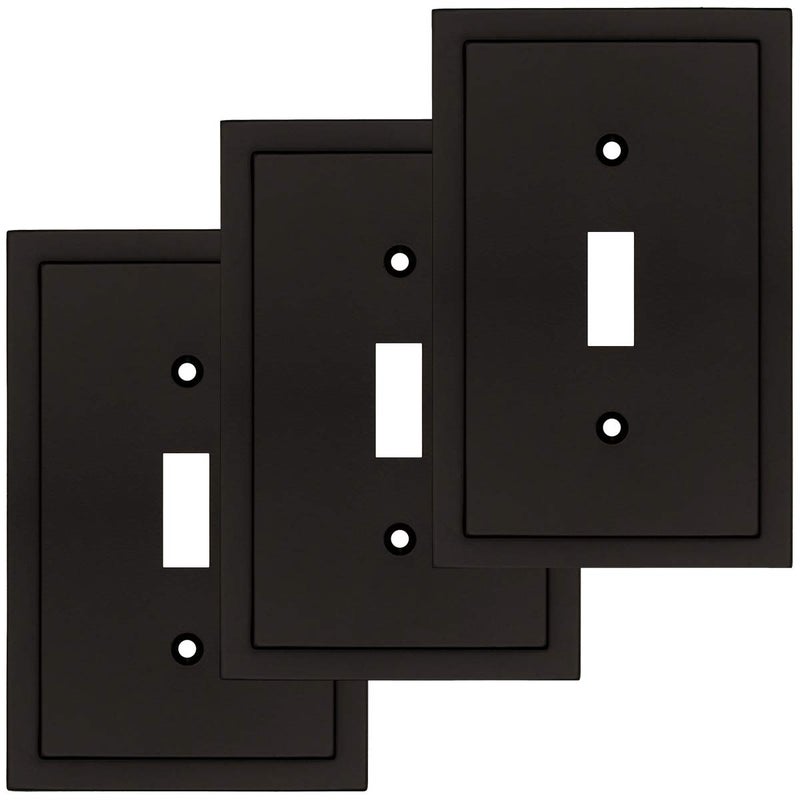 Modern Edge Decorative Wall Plate Switch Plate Outlet Cover Durable Solid Zinc Alloy Single Toggle 3PK Matte Black