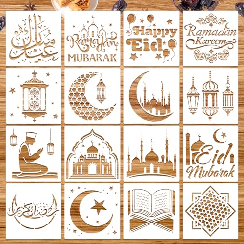 HOWAF قالب رسم عيد مبارك 16 قطعة من HOWAF، قوالب رسم عيد مبارك لحفلة عيد، زينة جدارية خشبية، فن الرسم بقالب رمضان كريم مع نمط القمر والنجوم، قوالب بلاستيكية لعيد سعيد - Image 1