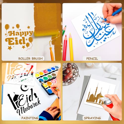 HOWAF قالب رسم عيد مبارك 16 قطعة من HOWAF، قوالب رسم عيد مبارك لحفلة عيد، زينة جدارية خشبية، فن الرسم بقالب رمضان كريم مع نمط القمر والنجوم، قوالب بلاستيكية لعيد سعيد - Image 5
