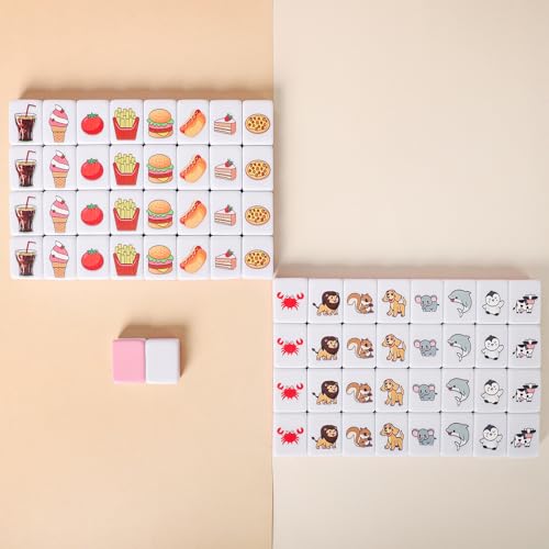 GRACIAS 2 Players Mahjong Block Set, Mahjong Tile Game with 66 Premium Pink Tiles(30mm) Animal and Food Pattern, Portable Mahjongg Set with A Carry Bag - Image 3