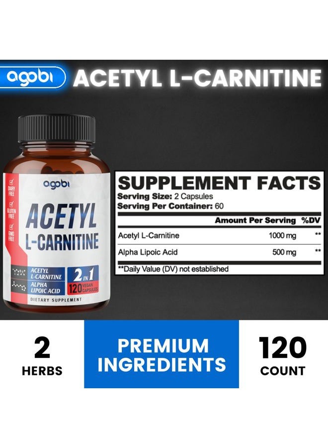 agobi Acetyl L-Carnitine & Alpha Lipoic Acid Complex 1500mg - Supplement for Brain Health, Memory, Focus & Mood Support - 120 Vegan Capsules for 2 Month Supply - Gluten-Free, Non-GMO - Image 2