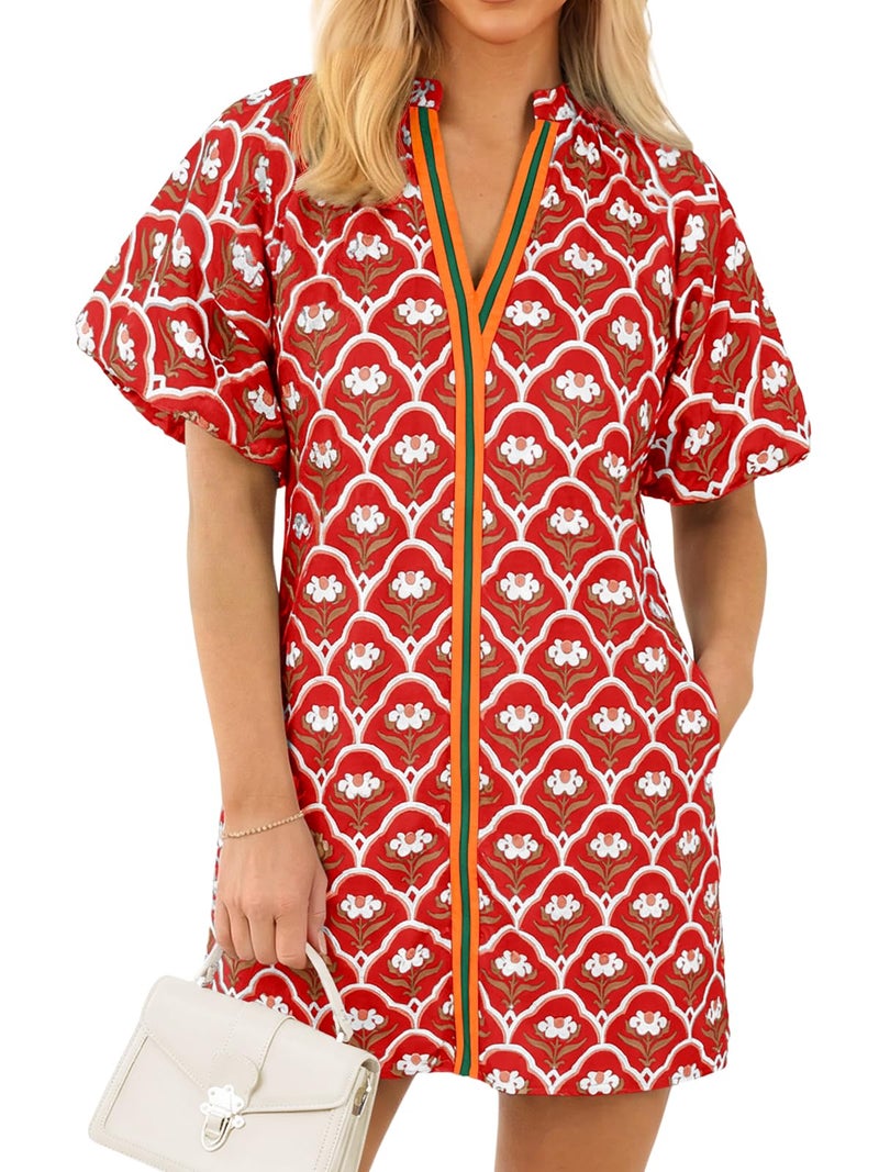 Wenrine Womens Summer Dresses Casual Floral Puff Sleeve V Neck Boho Loose Beach Mini Dress with Pockets Red - Image 1