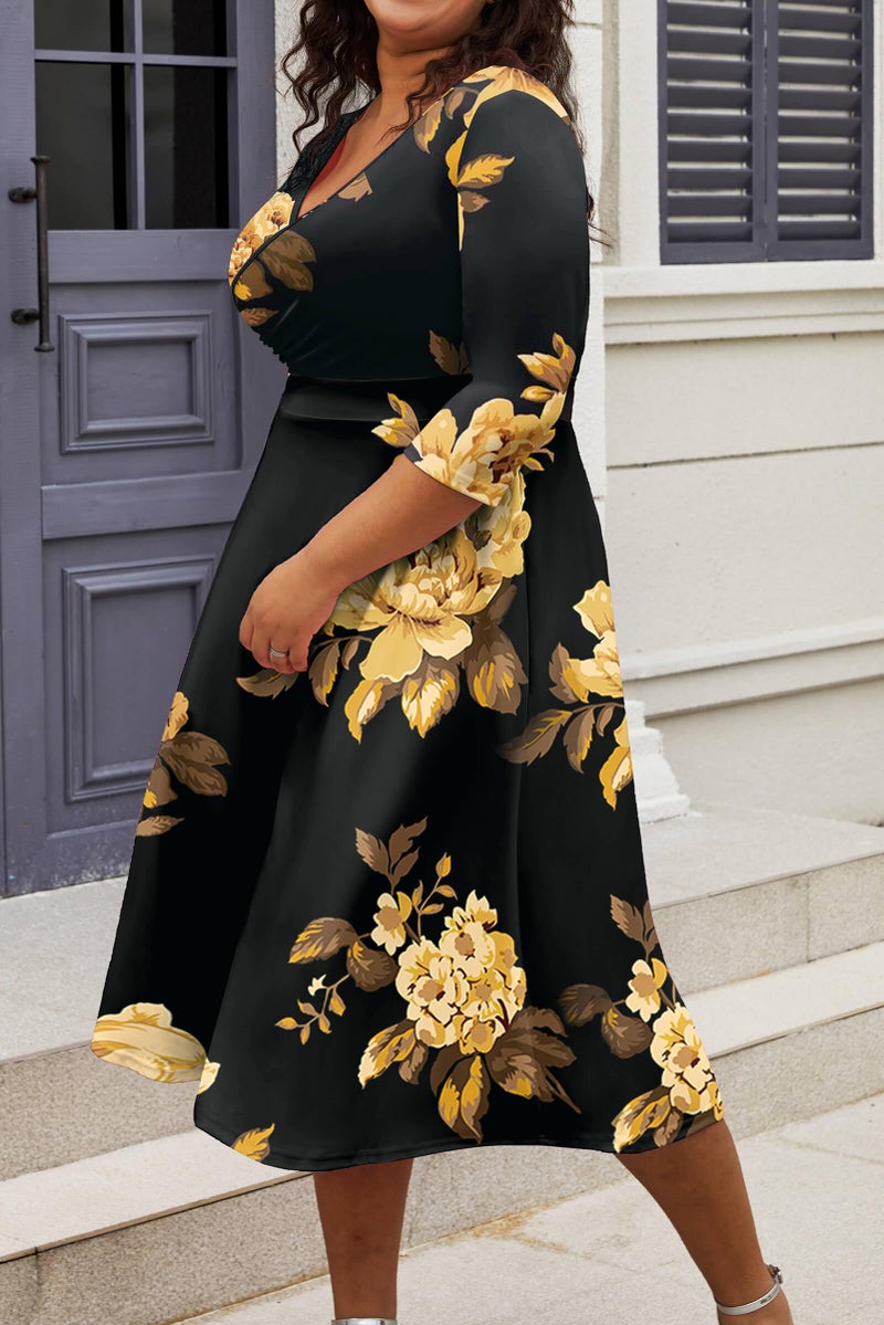 CLOCOR Women's Plus Size Midi Dress 3/4 Sleeve A-Line Swing Dress V Neck Flowy Casual Dresses Black Printed 3X-Large - Image 3