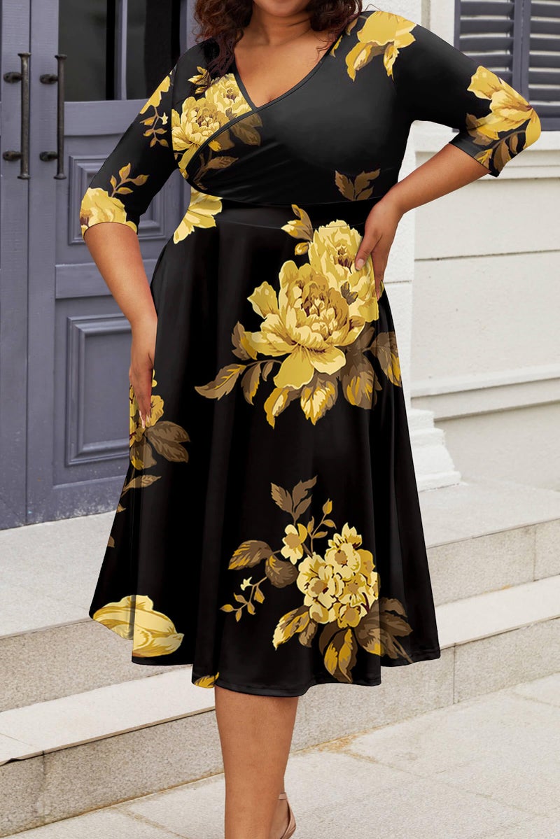 CLOCOR Women's Plus Size Midi Dress 3/4 Sleeve A-Line Swing Dress V Neck Flowy Casual Dresses Black Printed 3X-Large - Image 2