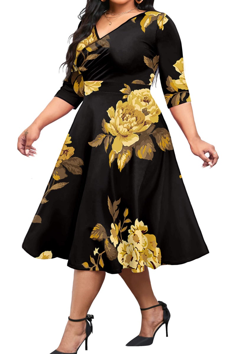 CLOCOR Women's Plus Size Midi Dress 3/4 Sleeve A-Line Swing Dress V Neck Flowy Casual Dresses Black Printed 3X-Large - Image 1