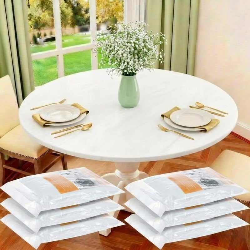 BOAO 6 Pcs Round Plastic Fitted Tablecloth with Elastic Edge Design Waterproof Table Cover Plastic Tablecloth Protector for Table(Best for 45"-56" Round,White) - Image 1