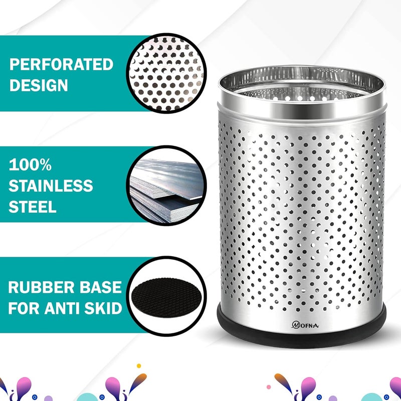 mofna Stainless Steel Perforated Type Dustbin Paper Bin Trash Can for Home Kitchen Offices 10X14 INCH 18 LITER SILVER - Image 3