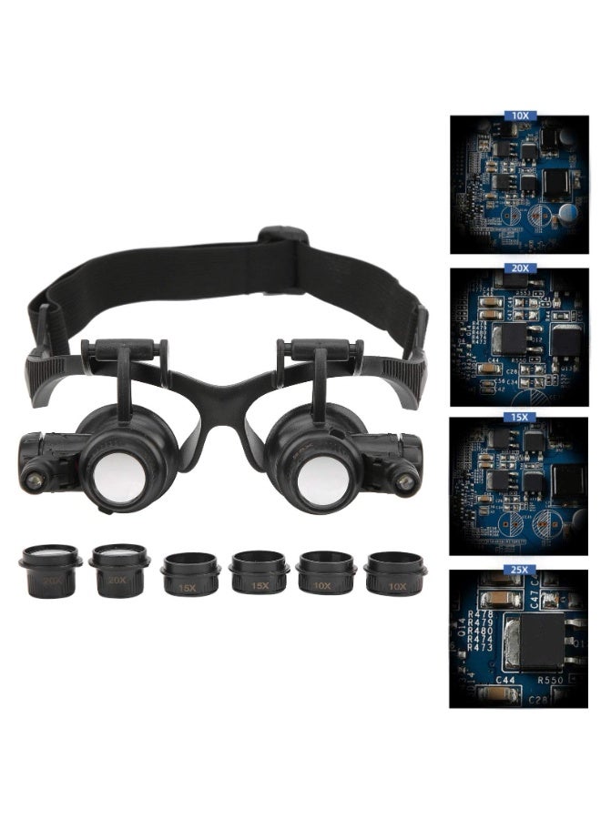 المجوهرات الزجاج المكبر ثنائي النظر مع 2 ضوء LED ، 8 عدسة قابلة للتبديل 10X 15X 20X 25X لإصلاح الساعة ، الإصلاح الإلكتروني ، إغلاق العمل - Image 4
