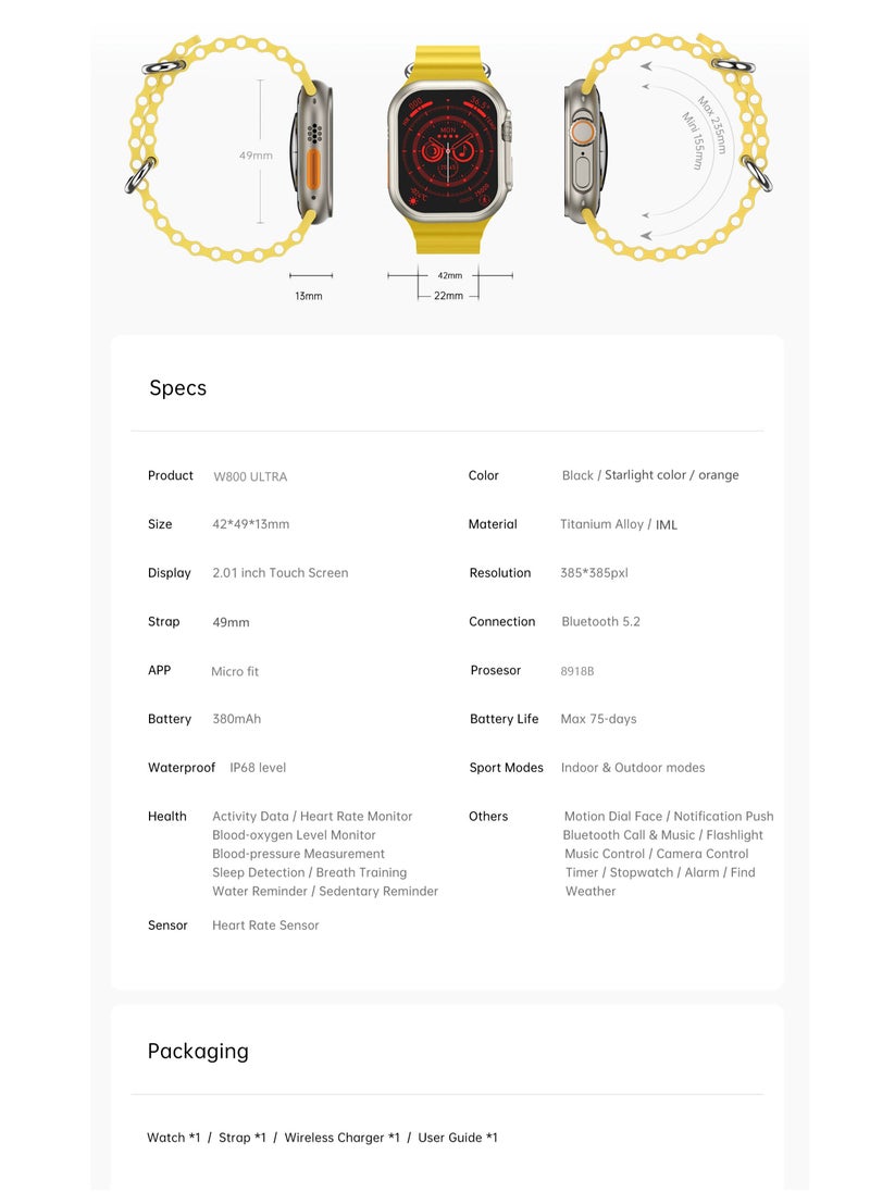 AROAQ - W800 Ultra High Tech Smartwatch 380mAh Battery 2.05 Inch Screen Display AI Assistance Sports and Health Modes Wireless Charging Bluetooth Smart Watch - Image 1