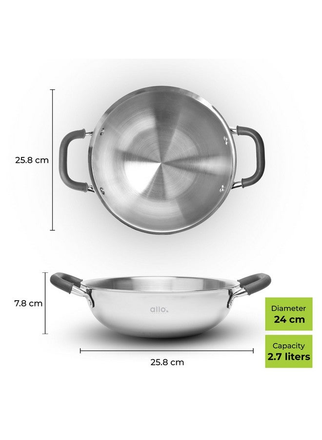 Allo Triply Stainless Steel Kadhai with Handles|Perfect Kadhai for Curry/Stir-Fry/Deep-Fry/DryVeg/Saute Induction Friendly Naturally Non-Stick | 10 Years Warranty, 24cm, 2.7 litres Without lid - Image 2