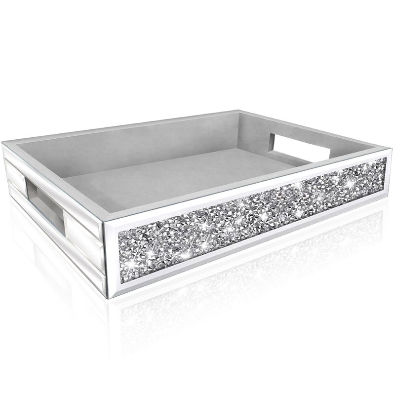 Wocred Mirror Perfume Tray fits Dresser Bedroom,Crushed Diamond Bathroom Tray with Handlesï¼ŒVanity Tray,Decorative Serving Tray for Coffee Table Decor(14â€x 10â€x 2.5â€) - Image 1