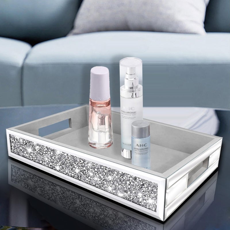 Wocred Mirror Perfume Tray fits Dresser Bedroom,Crushed Diamond Bathroom Tray with Handlesï¼ŒVanity Tray,Decorative Serving Tray for Coffee Table Decor(14â€x 10â€x 2.5â€) - Image 4