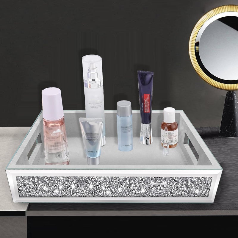 Wocred Mirror Perfume Tray fits Dresser Bedroom,Crushed Diamond Bathroom Tray with Handlesï¼ŒVanity Tray,Decorative Serving Tray for Coffee Table Decor(14â€x 10â€x 2.5â€) - Image 5