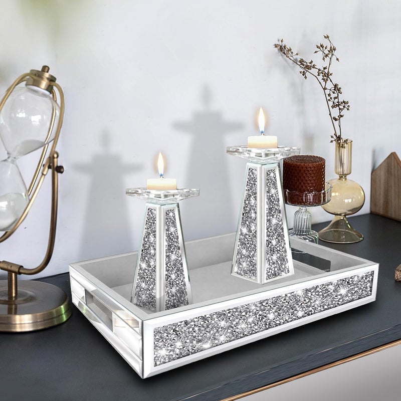 Wocred Mirror Perfume Tray fits Dresser Bedroom,Crushed Diamond Bathroom Tray with Handlesï¼ŒVanity Tray,Decorative Serving Tray for Coffee Table Decor(14â€x 10â€x 2.5â€) - Image 2