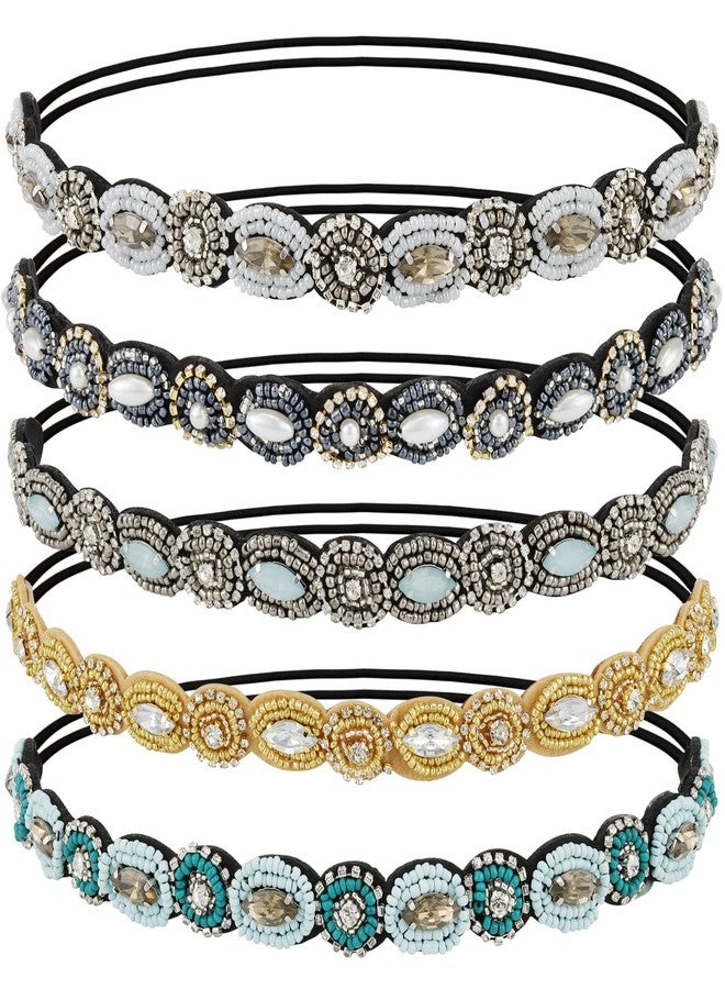 AMCAMI 5Pcs Rhinestone Beaded Headband Crystal Hairbands for Women in 5 Different Patterns - Elastic Headbands for Girls - Vintage Hair Accessories for Party Daily Wear - Image 1