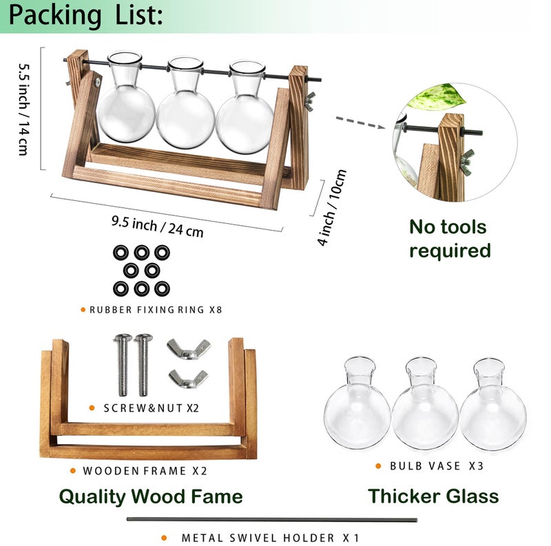 IVOLADOR I Ivolador Plant Propagation Station,Bulb Plant Terrarium with Wooden Stand,Unique Gardening Gifts for Women Plant Lovers,Hydroponic Indoor Planter Home Office Garden Wedding Decor-3 Bulb Glass Vases - Image 3