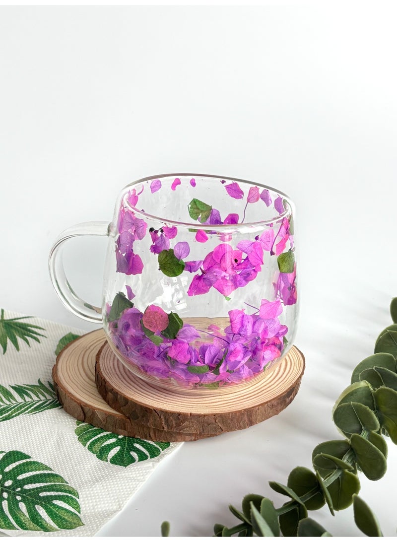 YOLOLAND Clear Glass Cup Matcha Cup Coffee Mug with Purple & Green  Petals 250ml Double Walled Insulated Clear Cup perfect for Tea ,Coffee,Matcha ,Juice - Image 1