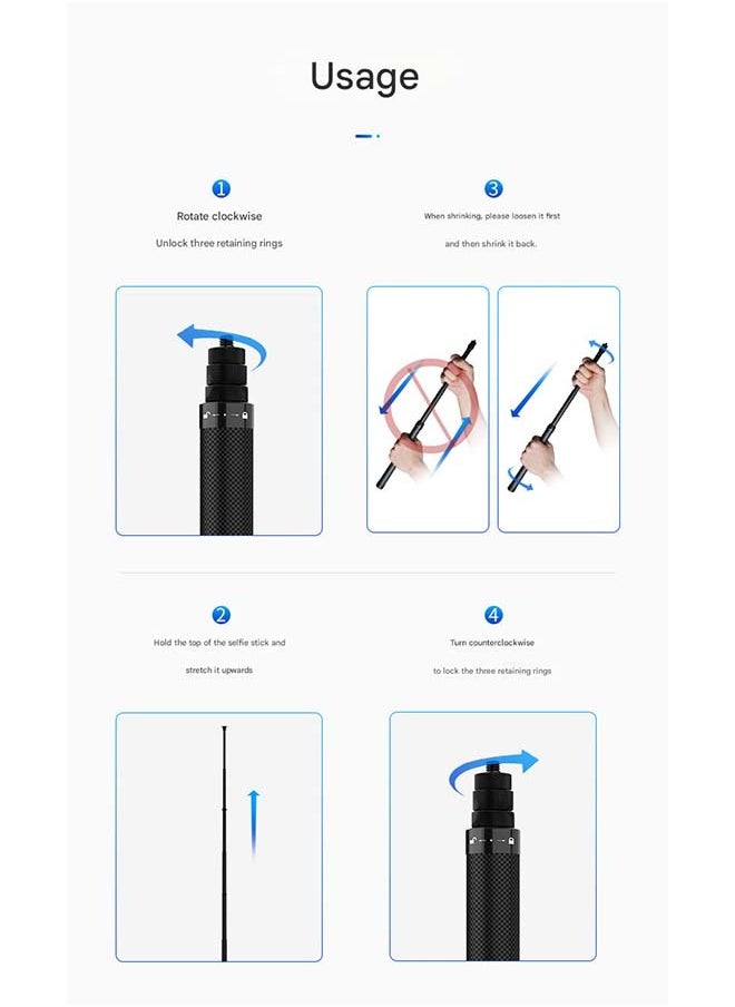 TELESIN - TELESIN 1.16 - Meter Carbon Fiber Selfie Stick - Compatible with GoPro 13/Ace Pro/X4, DJI Action 5/4 - Adjustable, Ultra - Light & Strong, Corrosion - Resistant, Ideal for Wide - Angle Selfies and Hidden - Pole Shots with Panoramic Cameras - Image 1