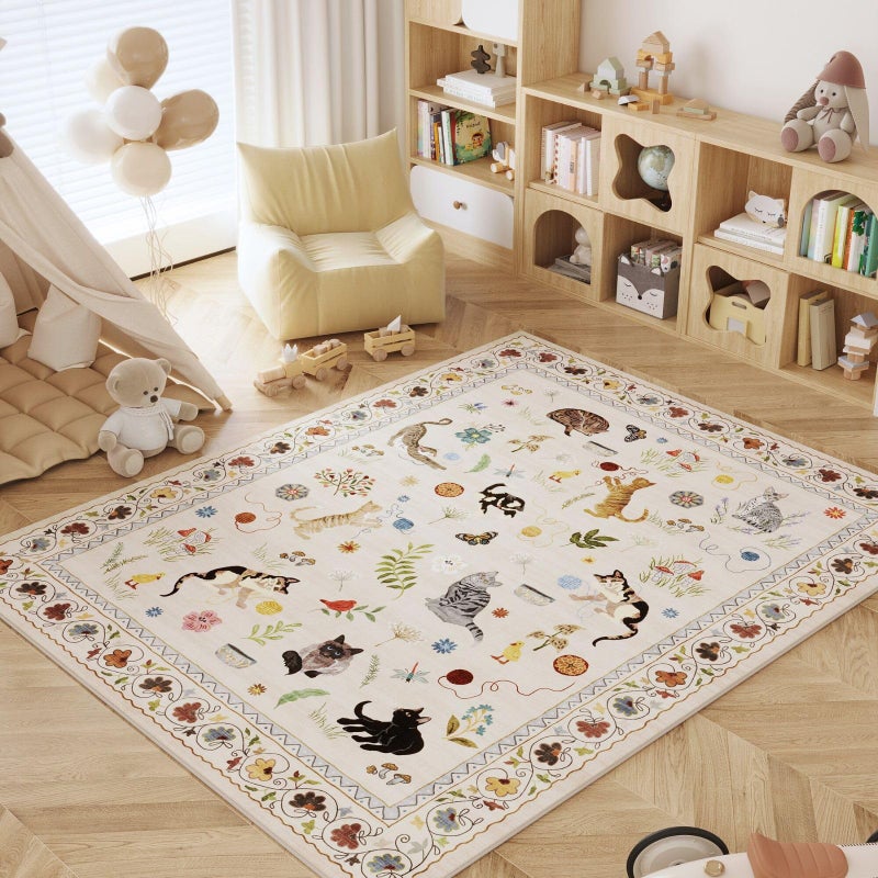 Rugcomf Area Rugs 8x10 Rug for Living Room Clearance Washable Boho Area Rug Non Slip Floral Animal Cat Vintage Low Pile Large Rug for Living Room Bedroom Farmhouse Dining Room Kids Playroom, Beige - Image 5