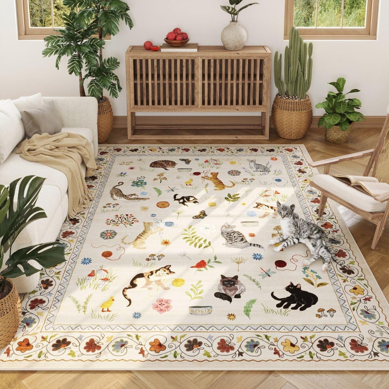 Rugcomf Area Rugs 8x10 Rug for Living Room Clearance Washable Boho Area Rug Non Slip Floral Animal Cat Vintage Low Pile Large Rug for Living Room Bedroom Farmhouse Dining Room Kids Playroom, Beige - Image 1