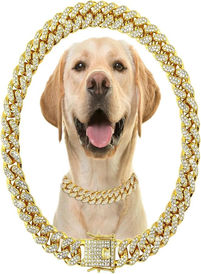 cyhaen Dog Chain Collars with Bling，Sparkly Diamond Metalgold Cuban Link Dog Collars, Rhinestone Glitter Dog Necklace Collar for Small Medium Large Pet Dogs Cats，20 Inch - Image 1