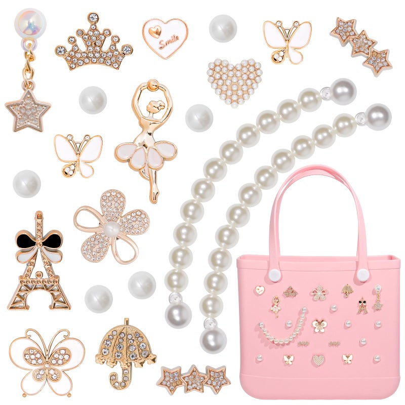 WYVAS Charms for Bogg Bag, Pearls Butterfly Flowers & Chain Cute Decorative Pearl Charms Accessory Compatible with Rubber Simply Southern Beach Bag, Insert for Beach Tote Birthday(21 Pcs) - Image 1