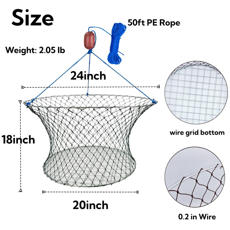 Aqwxc 1 Pack Double Ring Crab Trap - Steel Ring Crab Net, 24" Top, 20" Bottom, 50' Rope, Clip, Gauge for Dungeness, Rock and Blue Crabï¼ˆKIT1 - Image 2