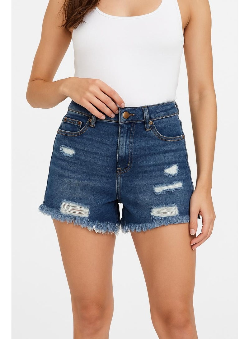 VANILLA STAR Women’s High-Waist Distressed Denim Shorts With Frayed Hem – Casual Blue Jean Shorts For Summer - Image 1