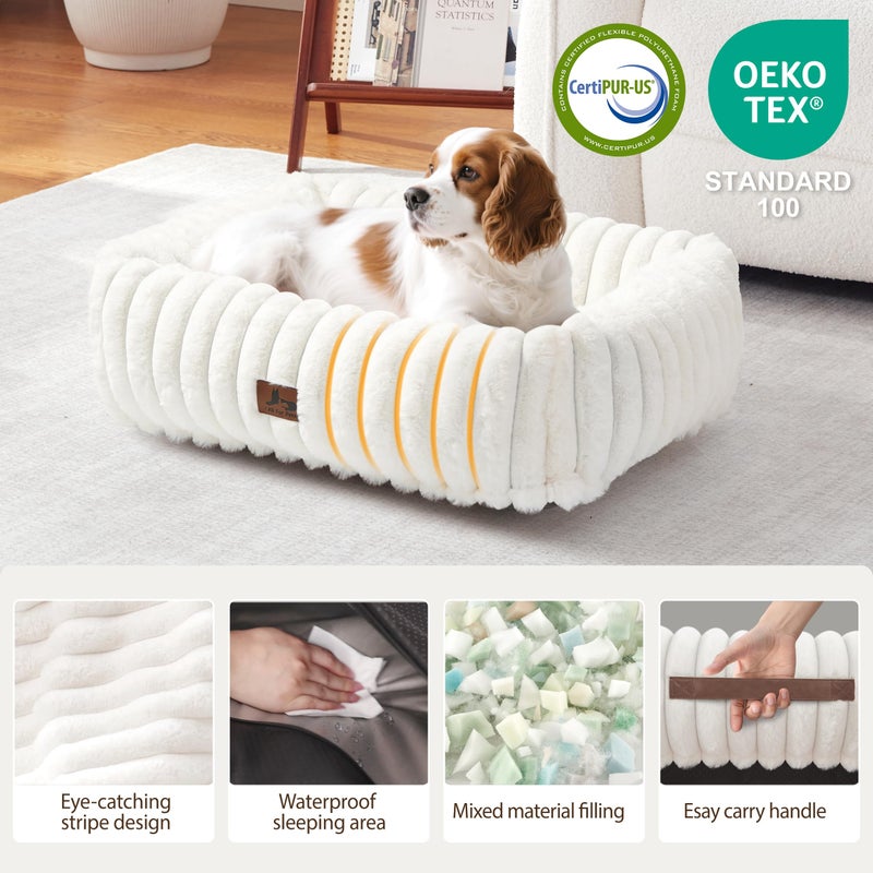 Warmrest Washable Dog Bed for Small Medium Dogs - Rectangle Orthopedic Corduroy Fleece Pet Bed with Removable Cover and Nonskid Bottom, Calming Puppy Bed Soft Pet Sofa, Cream(25x21x7inchs) - Image 4