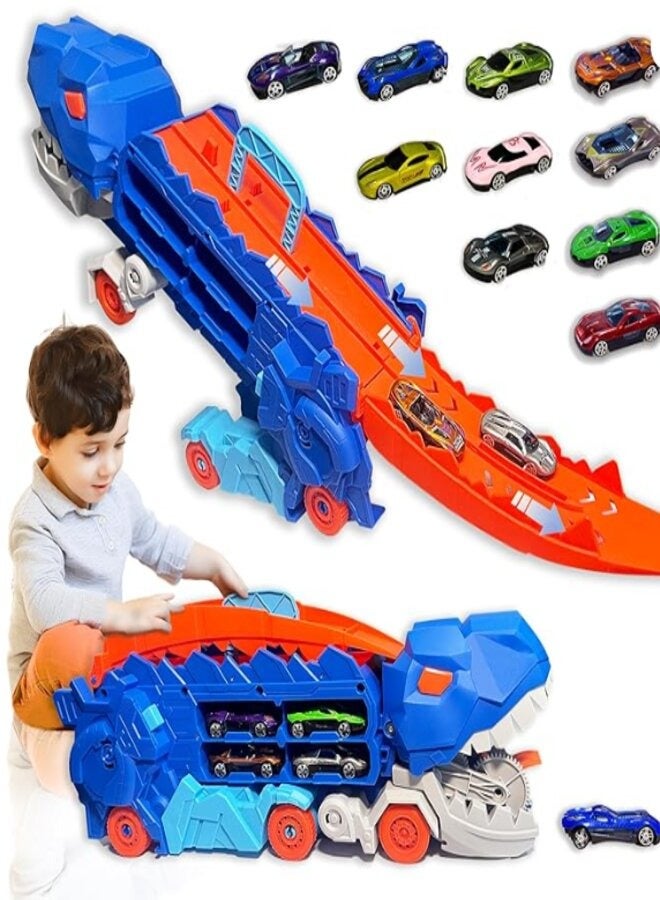 Dinosaur Transport Truck for 3 4 5 6 Years Old Boys,Carrier Truck with Foldable Sliding 25 Inchs Race Track and 12 Die-cast  - Image 1