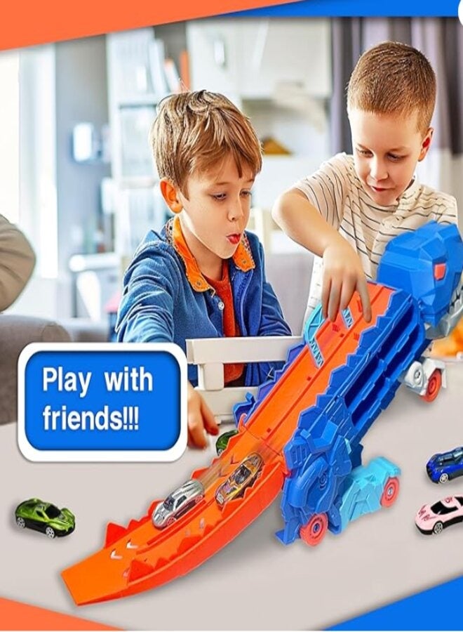 Dinosaur Transport Truck for 3 4 5 6 Years Old Boys,Carrier Truck with Foldable Sliding 25 Inchs Race Track and 12 Die-cast  - Image 2