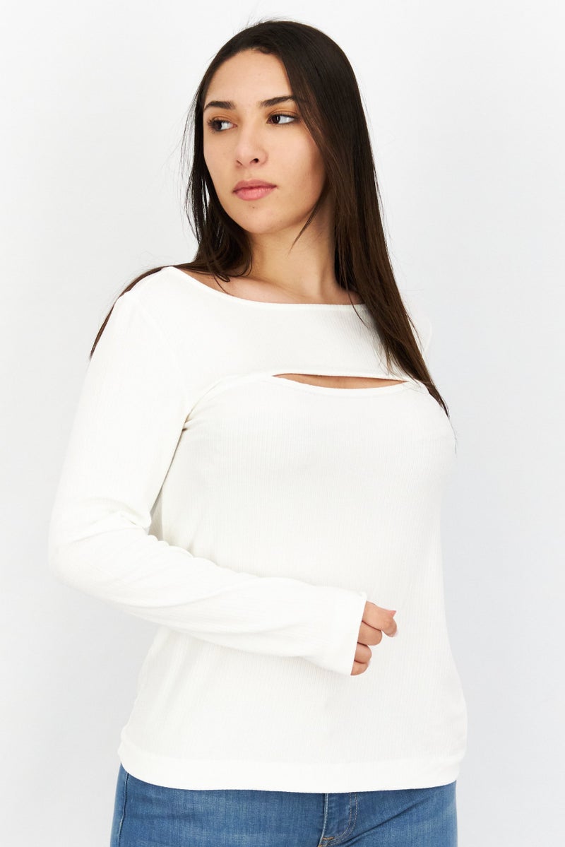 ESPRIT Women Boat Neck Long Sleeve Ribbed T-Shirt, White - Image 1