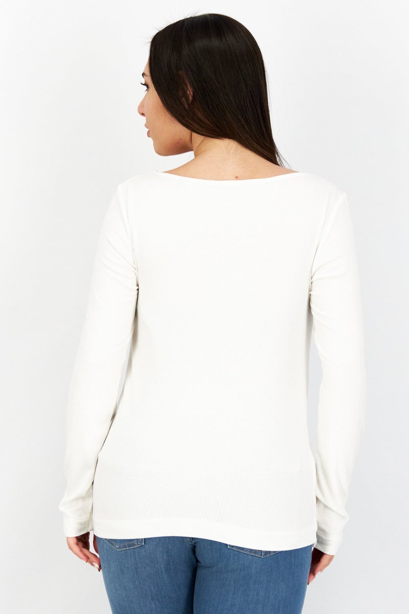 ESPRIT Women Boat Neck Long Sleeve Ribbed T-Shirt, White - Image 3