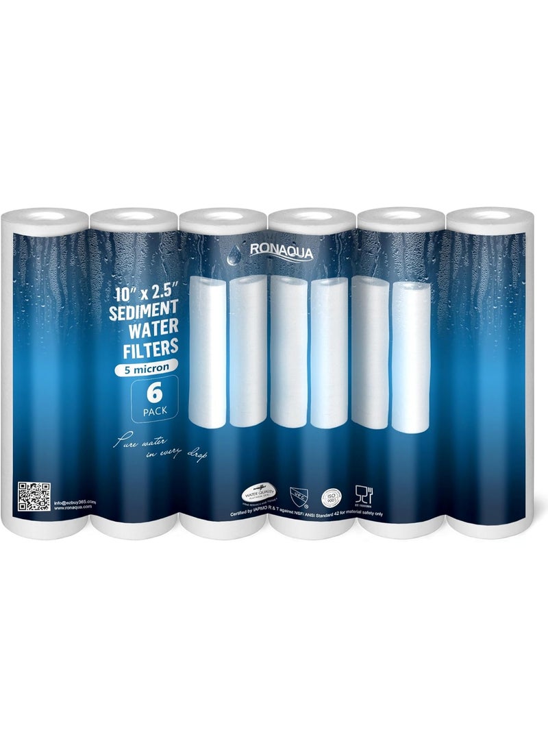 Ronaqua خرطوشة فلتر مياه روناكوا 5 ميكرون 10"x2.5"، معتمدة من NSF، 4 طبقات من الترشيح لأي وحدات RO بطول 10 بوصات وأنظمة منزلية، متوافقة مع كوليجان P5، AP110، WHKF-GD05، عبوة 6 - Image 1