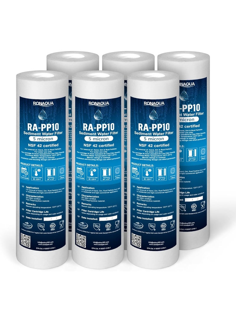 Ronaqua خرطوشة فلتر مياه روناكوا 5 ميكرون 10"x2.5"، معتمدة من NSF، 4 طبقات من الترشيح لأي وحدات RO بطول 10 بوصات وأنظمة منزلية، متوافقة مع كوليجان P5، AP110، WHKF-GD05، عبوة 6 - Image 2