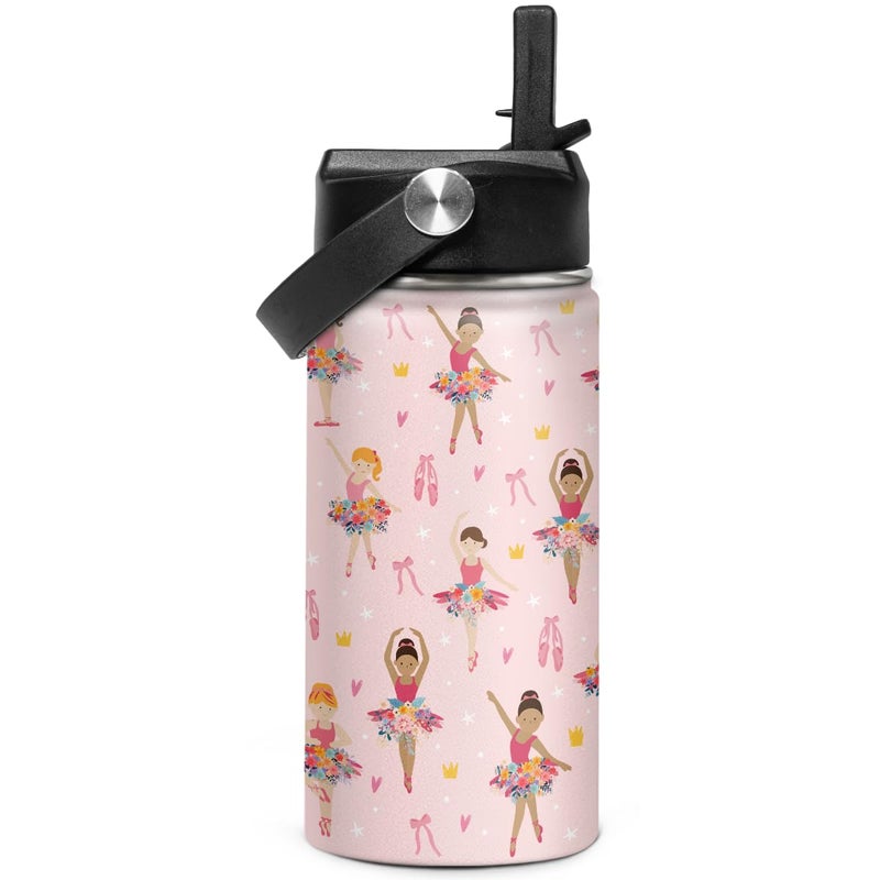 Kids Water Bottle Ballet Water Bottles 12oz with Straw Insulated Stainless Steel Travel School Tumbler Double Wall Vacuum Cup for Girls Kid