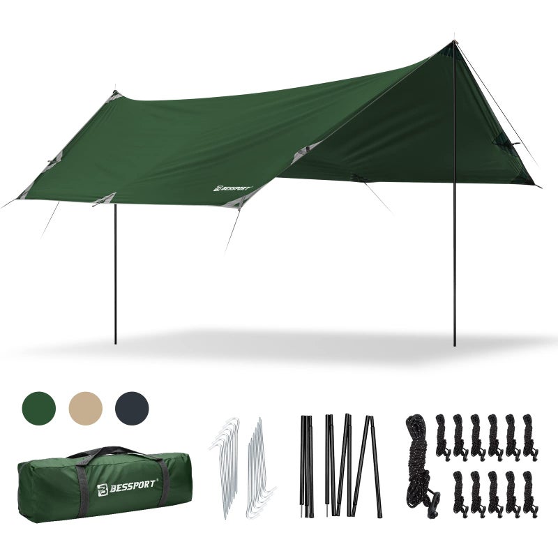 Bessport Camping Tarp 1698FT with 2 Poles Lightweight Car Awning Sunshade Portable Multifunctional Backpacking Rain Fly Hammock for Outdoor Traveling